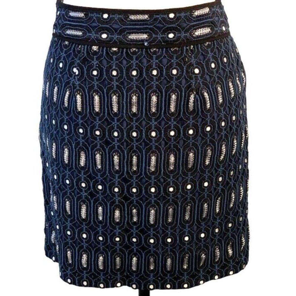 Loft Petites Womens Embroidered Pencil Skirt Size OP Navy Black Silver Geo